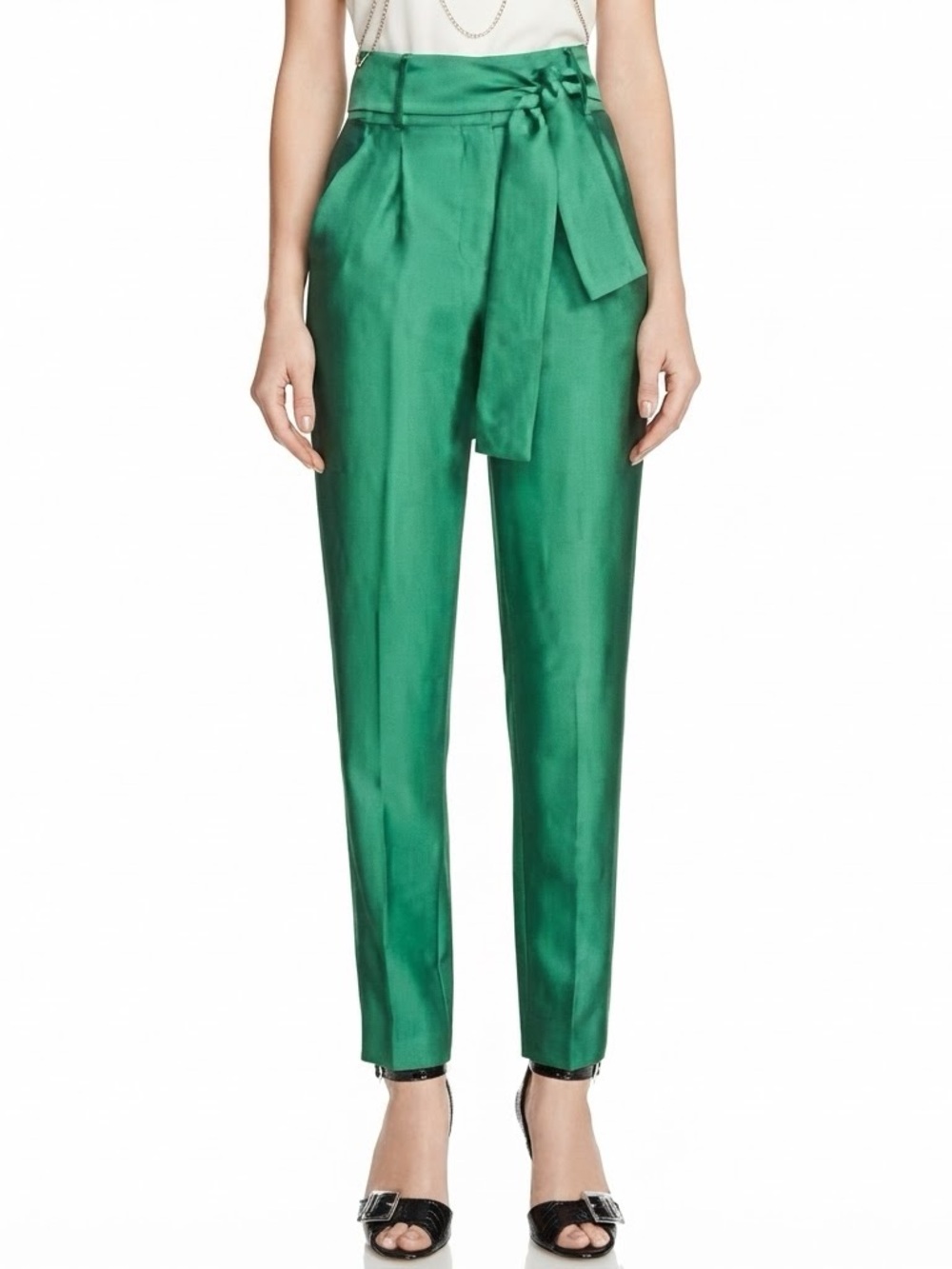 Maje Sz S (36) Dream Tomorrow Green Belted Shimmery Tailored Holiday Pants